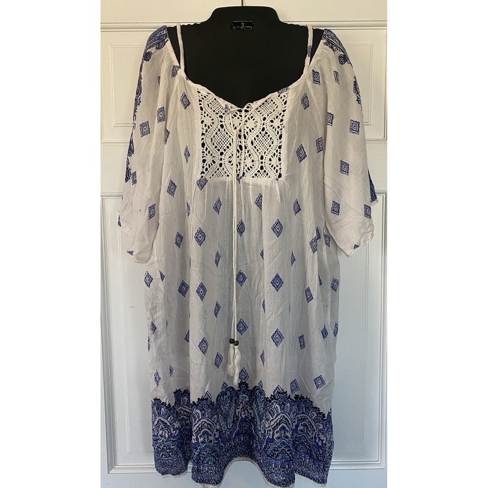 Angie Womens SZ LRG Dress White & Blue Crochet Lace Boho Straps/Off Shoulder